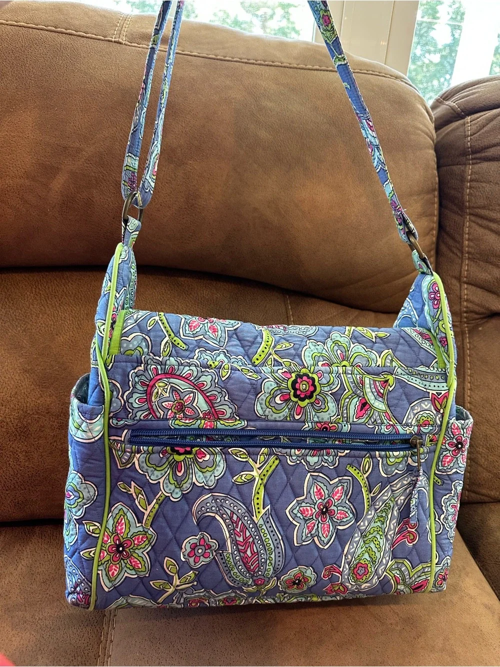 Quilted Floral Crossbody Bag in Blue with Lime Trim